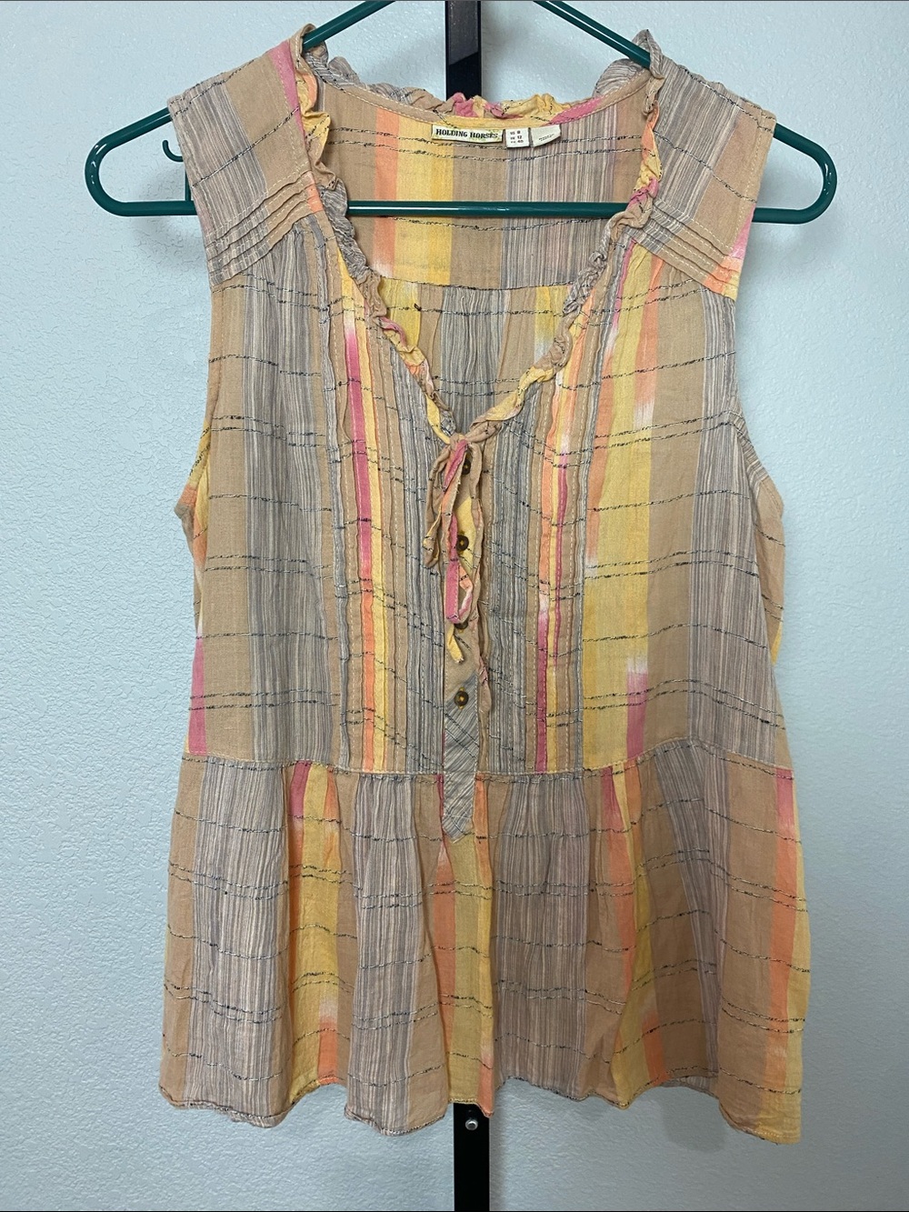 HOLDING HORSES Sleeveless Striped Tie-Front Peplum Top in Beige, Yellow & Pink